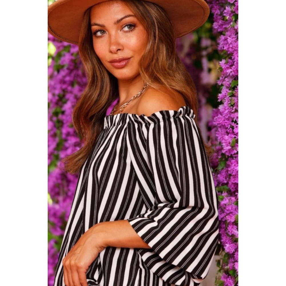 FANTASTIC FAWN Off Shoulder Striped Woven Ruffled Neck Top In Black & Cream - Picture 3 of 9